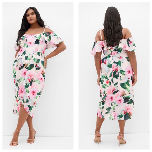 City Chic Love Me Do Midi Dress Plus Size 16 Pink Floral Cold Shoulder Wedding - Picture 1 of 14